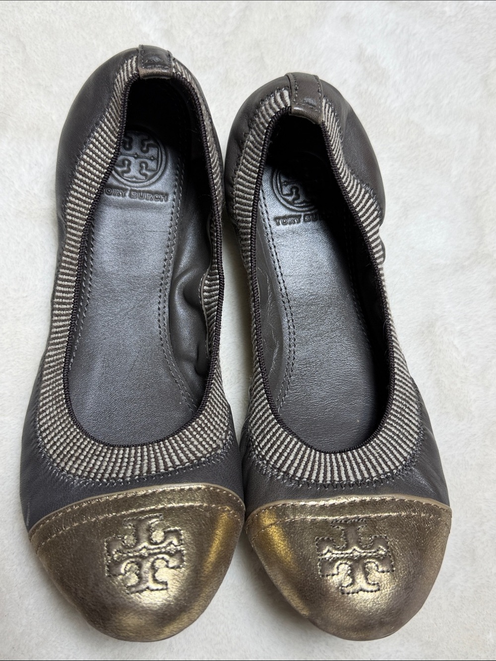 Tory Burch Gabby Ballet Flats with Metallic Gold Caps Size 6M